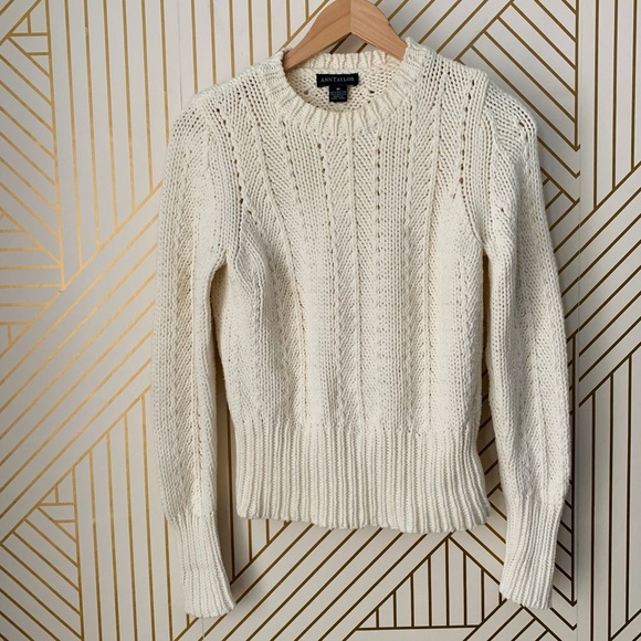 Ann Taylor vintage cotton Cable chunky Knit Braided cotton blend Sweater ribbed - Picture 2 of 10